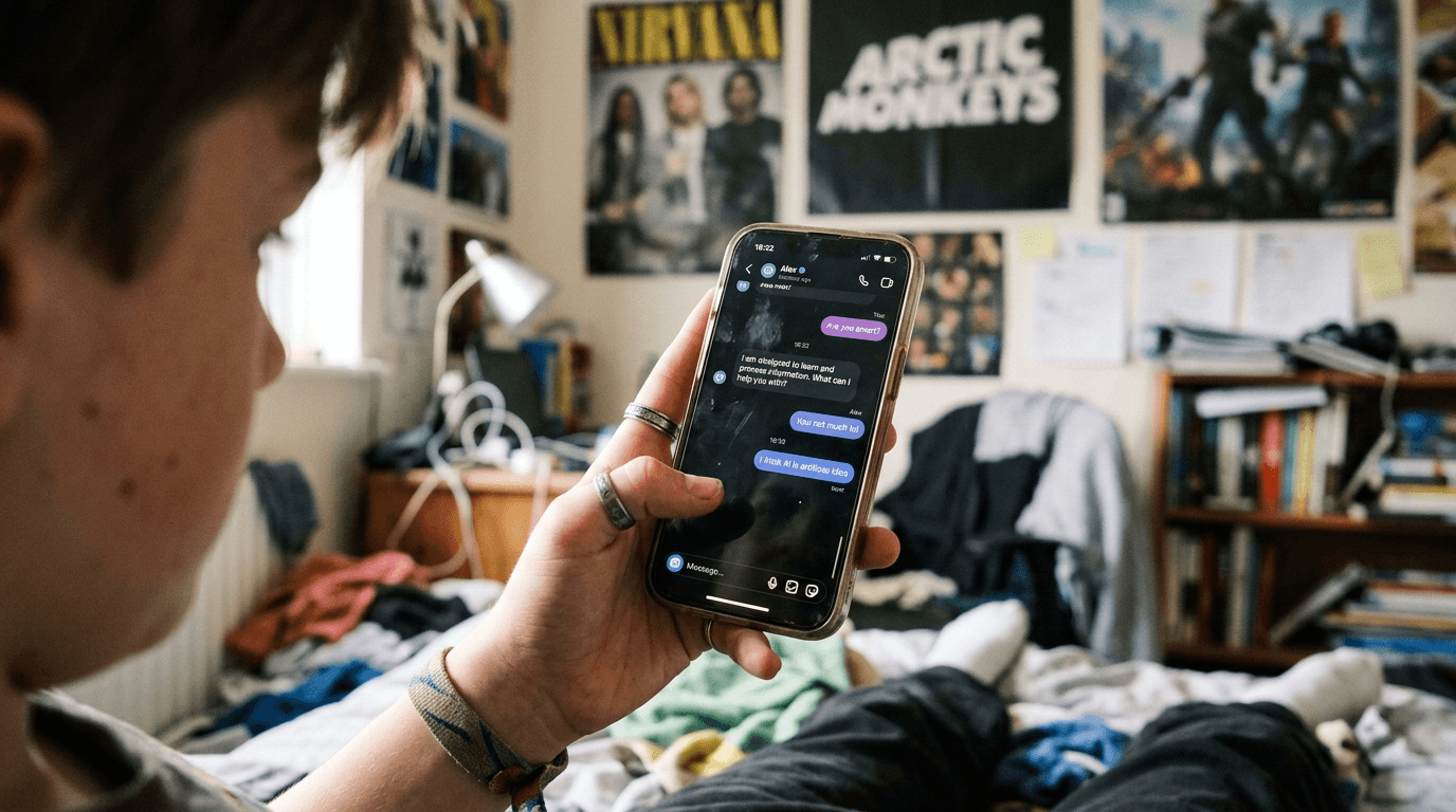Inline artwork of a teenager looking at a smartphone with a skeptical expression, surrounded by abstract AI symbols floating away
