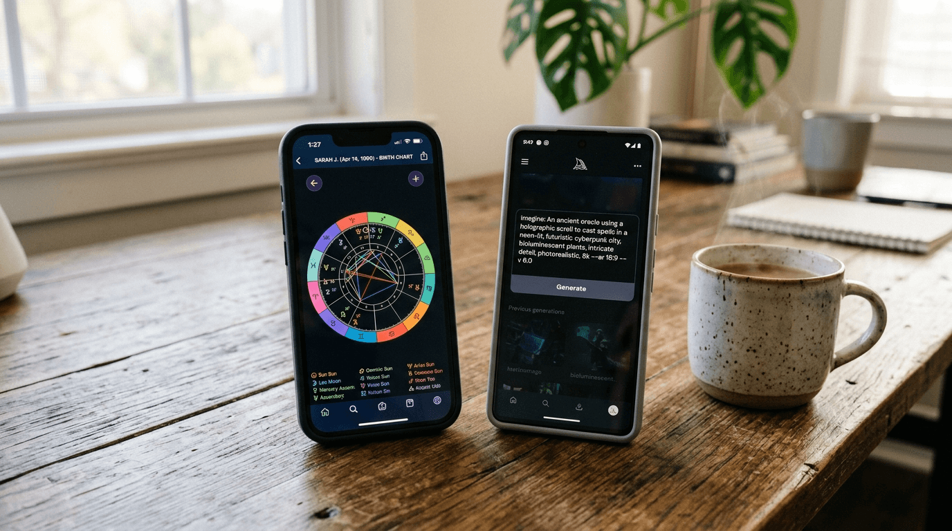 KI- und Astrologiesymbole auf einem Smartphone, die die Schnittstelle von Technologie und persönlichkeitsgetriebenen Inhalten darstellen