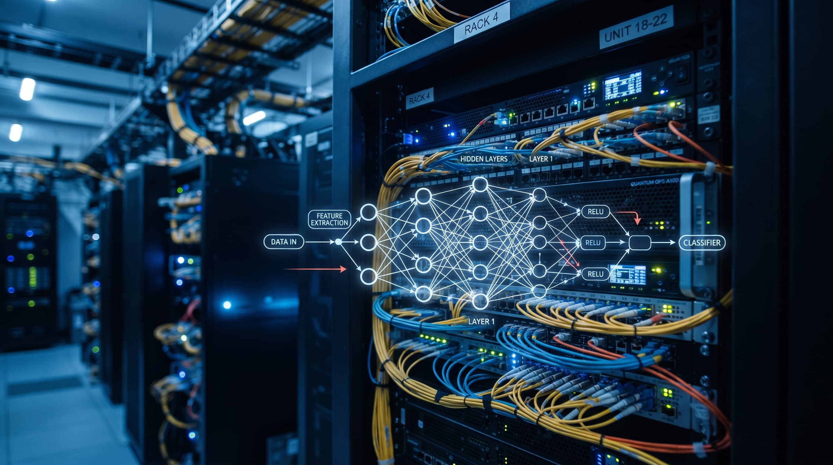 Nahaufnahme eines Serverracks mit leuchtenden blauen LEDs, Netzwerkkabeln und einer digitalen Überlagerung mit KI-Modellarchitektur-Diagrammen in einem Rechenzentrum