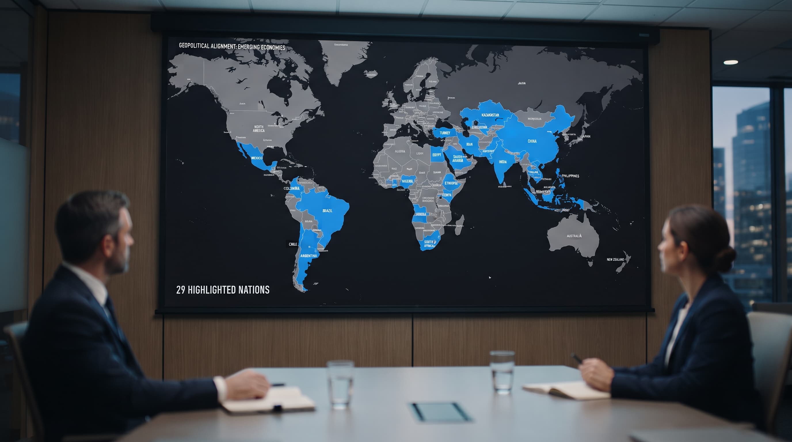A world map highlighting the 29 WIKO signatory countries in one color, with Western nations in a contrasting gray, showing the clear geopolitical split in AI governance