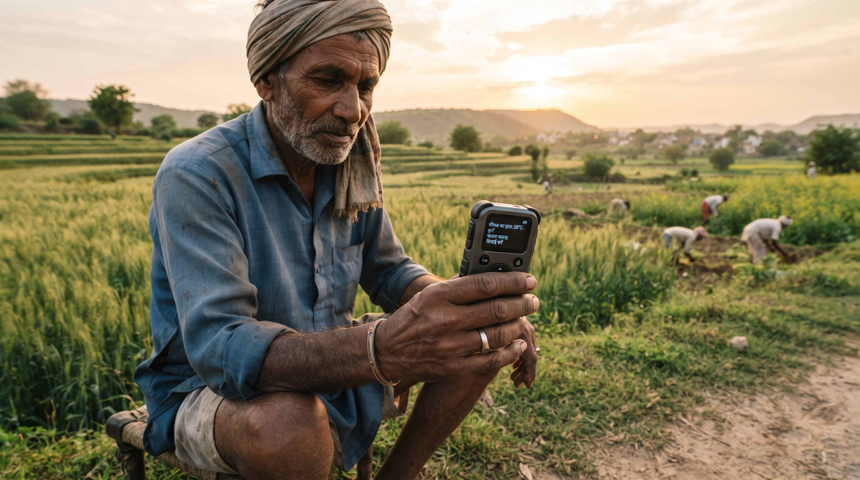 Current AI's open-source AI chatbot Alpha Chat interface and the Suno Sutra offline device, representing the nonprofit's vision of accessible AI for the Global South
