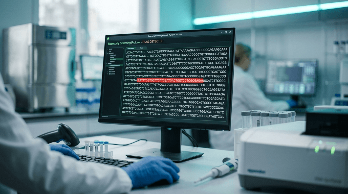 Close-up of a DNA synthesis screening workstation with a sequence flagged in red on the monitor