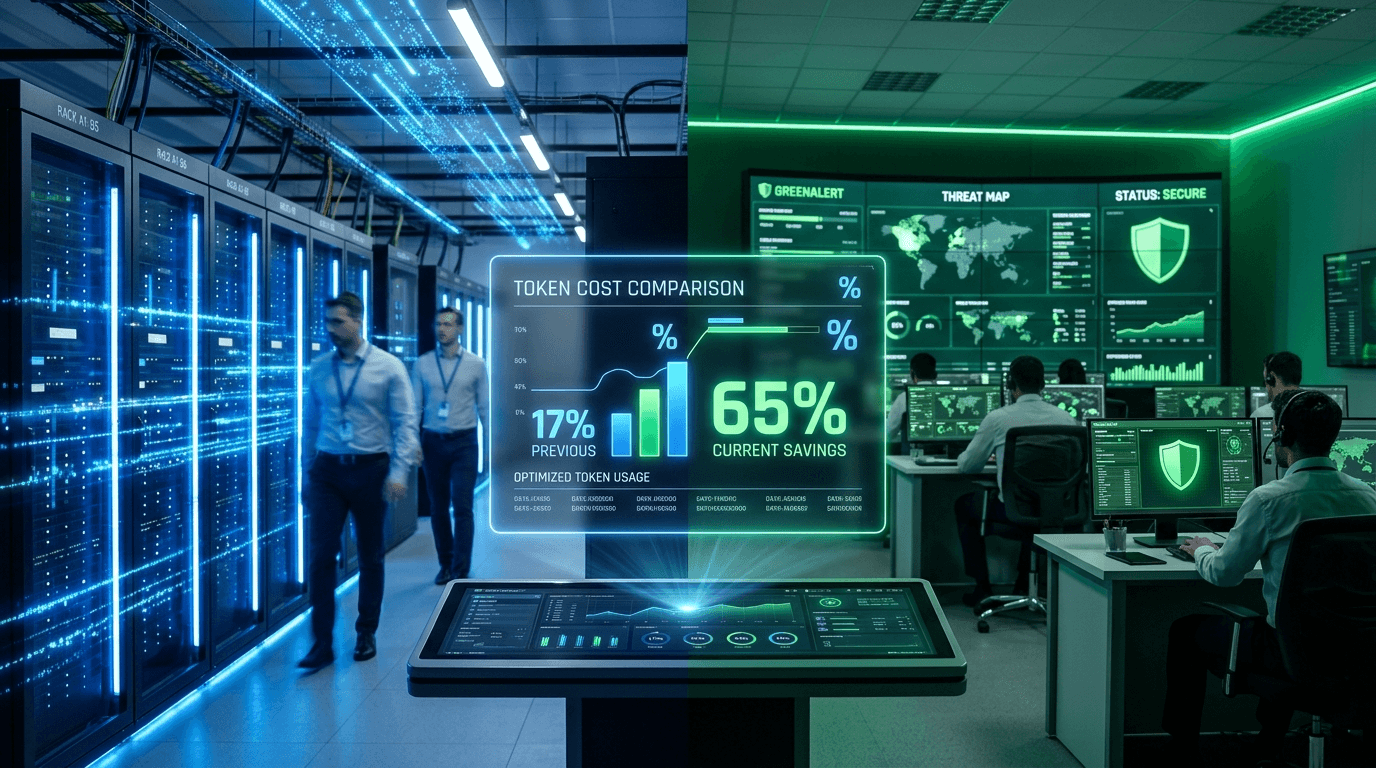 A split visual showing a server rack with glowing blue data streams on one side and a green-shielded security operations center on the other, with abstract data flow patterns connecting them