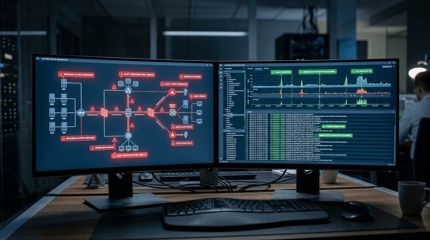 Split-Screen-Illustration von zwei KI-Agentenprozessen: einer durchsucht eine Serverinfrastruktur mit roten Warnanzeigen, der andere analysiert Logs mit grünen forensischen Markierungen, dunkle Kontrollraum-Ästhetik