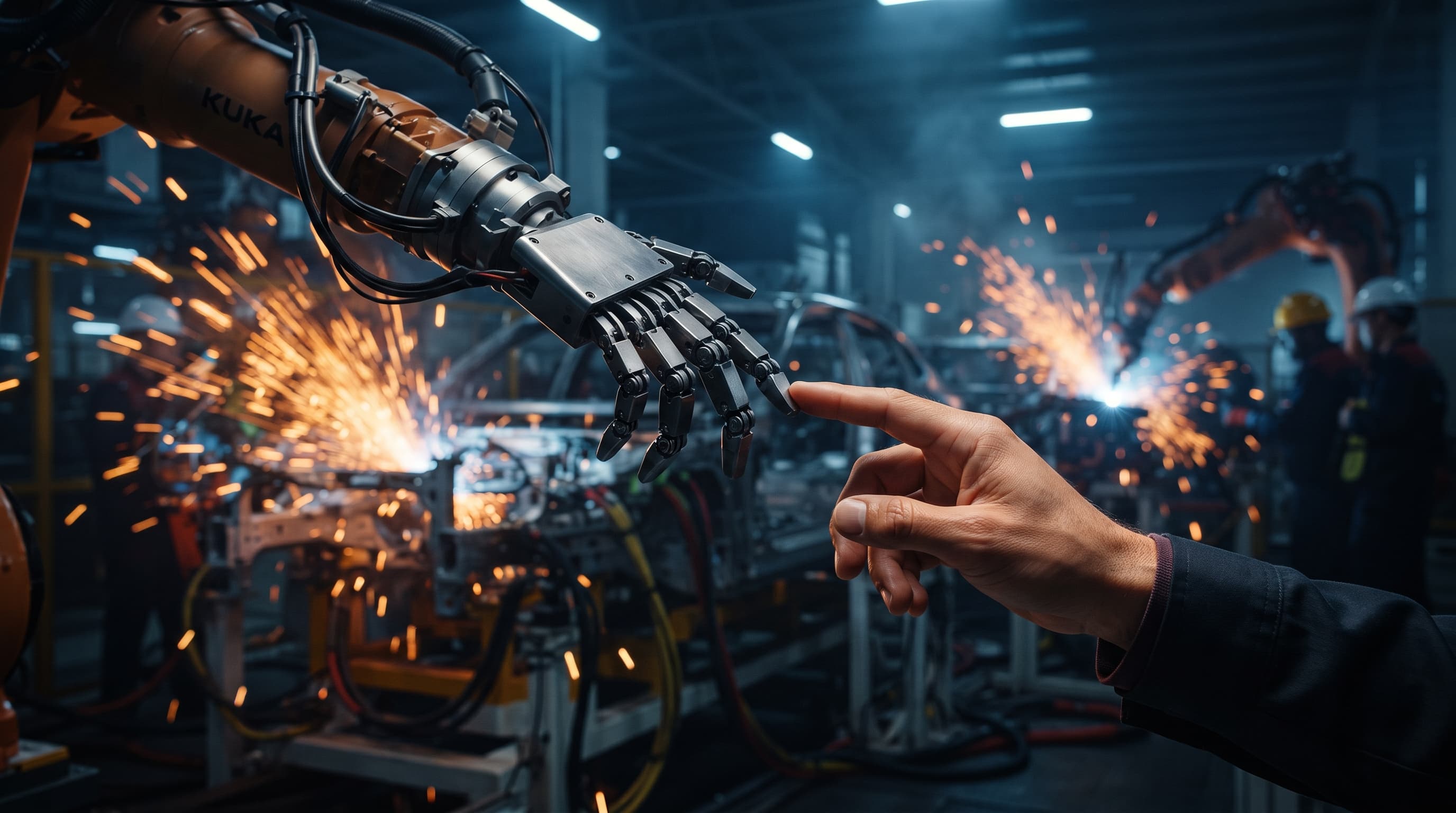 Die Hand eines Arbeiters greift nach einem Boston-Dynamics-Atlas-Roboter an einem Automobilfließband, dramatische Beleuchtung, industrielle Fabrikumgebung
