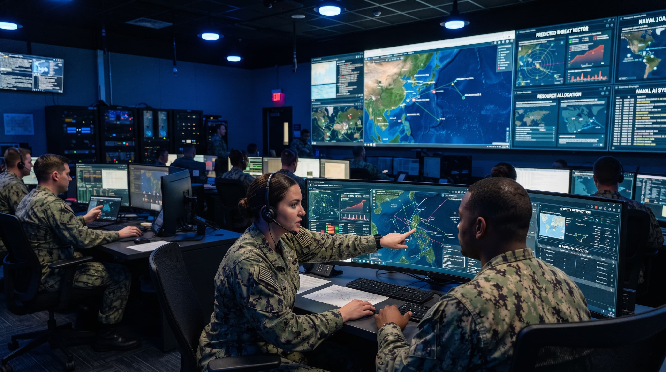A US Navy operations center with uniformed personnel monitoring AI-assisted mission planning systems across multiple large screens, data streams and tactical maps visible