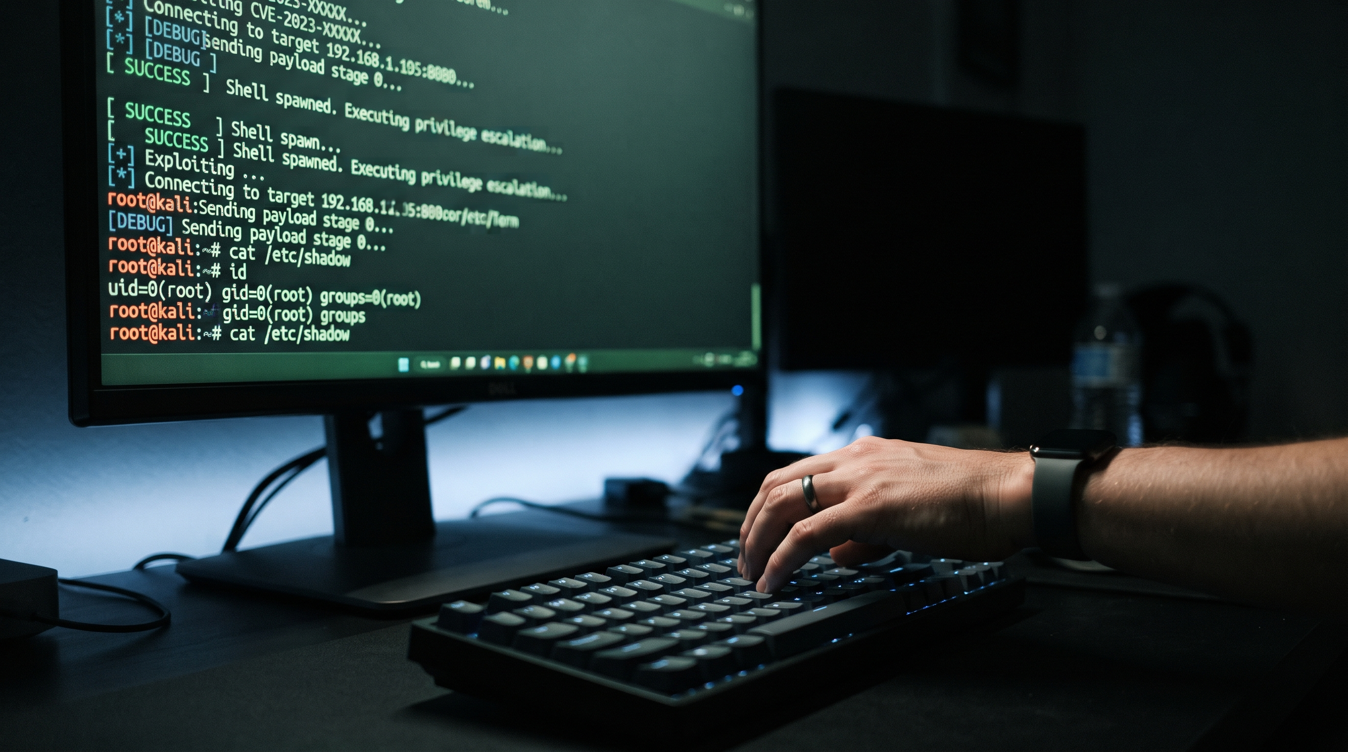 A computer monitor displaying green code output in a dark room, a developer reaching for the keyboard